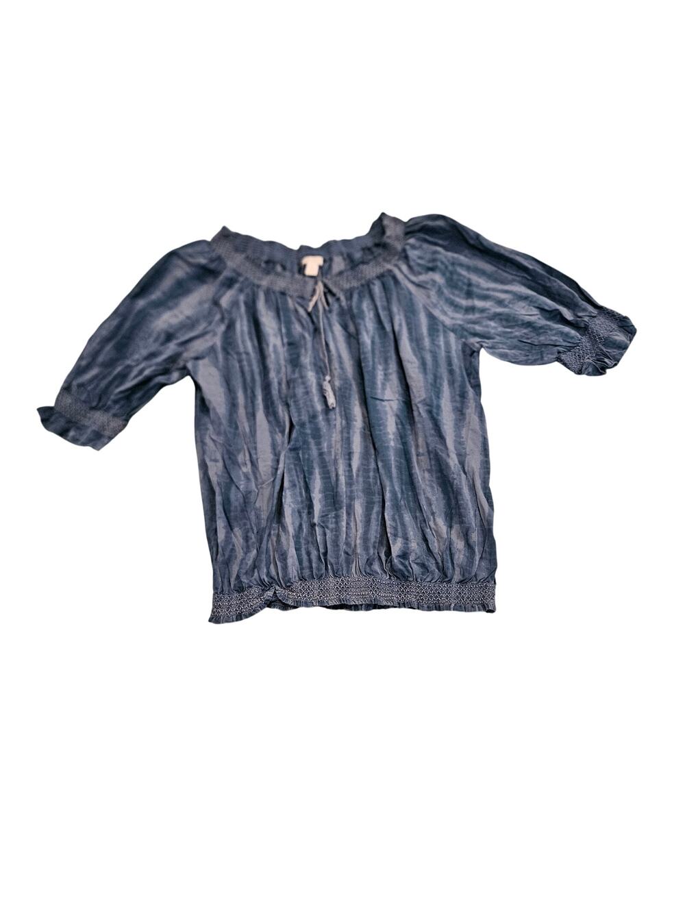 Relativity Boho Blouse Womens XL Blue Tie Dye Peasant Top Smocked Tassel